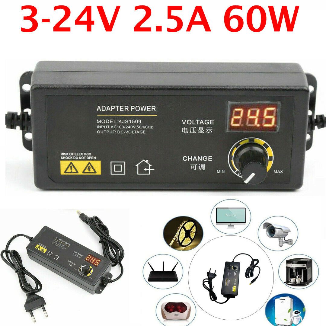 3V-24V 2.5A 60W Adjustable DC Power Supply Adapter Control Volt Display 8 Plugs