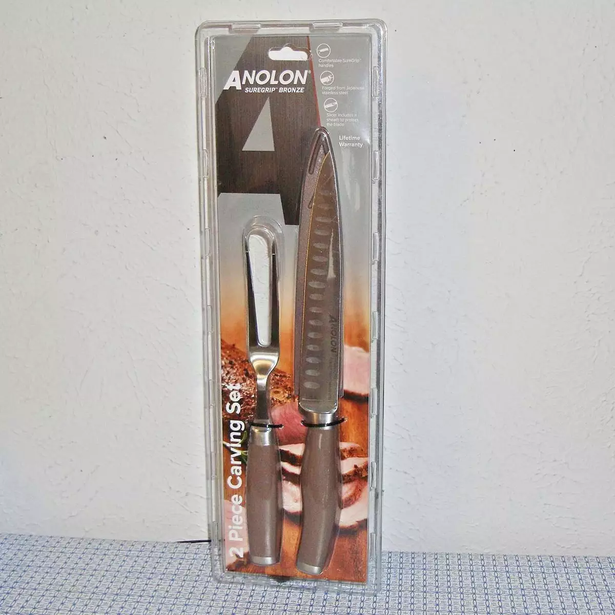 NEW ANOLON SUREGRIP STAINLESS STEEL CARVING KNIFE AND MEAT FORK SET BRONZE