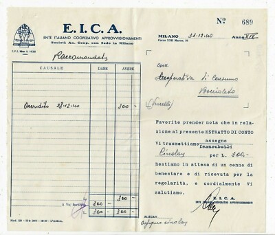 Fattura Milano E.I.C.A. Ente Italiano Cooperativo Approvvigionamenti 1940 QX1110
