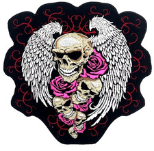 SKULLS PINK ROSES  WINGS MOTORCYCLE VEST LARGE EMBROIDERED IRON ON PATCH AL-36