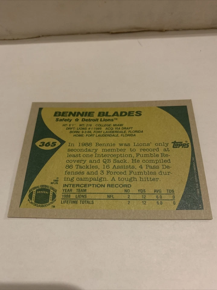 1989 Topps Football Card #365 Bennie Blades Rookie Card - Image 2 of 2