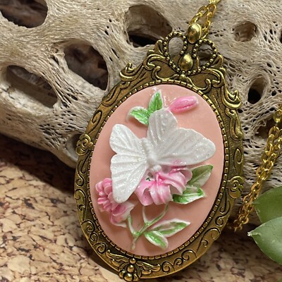 GOLD  3D BUTTERFLY CAMEO Pink  PENDANT NECKLACE Victorian Style Birthday gift