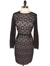 MAGGY LONDON Size 8 Sheath Dress Black Floral Lace Pink Lining Long Sleeve