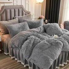 NEW COZY ULTRA SUPER SOFT FLUFFY PLUSH MODERN FUR SHAGGY GREY COMFORTER SET