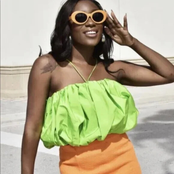 ZARA NEW VOLUMINOUS SATIN EFFECT CROPPED TOP NEON GREEN SIZE ZARA NEW VOLUMINOUS SATIN EFFECT CROPPED TOP NEON GREEN SIZE