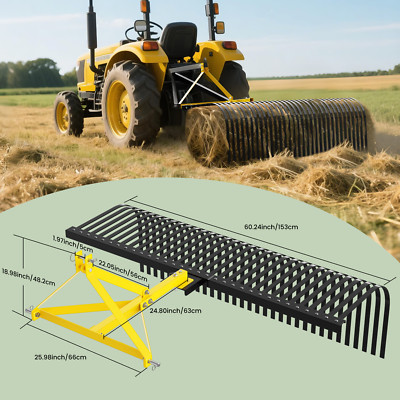 60''3 Point Landscape Rock Rake Category 1 Tractor Attachment Soil Gravel Lawn US