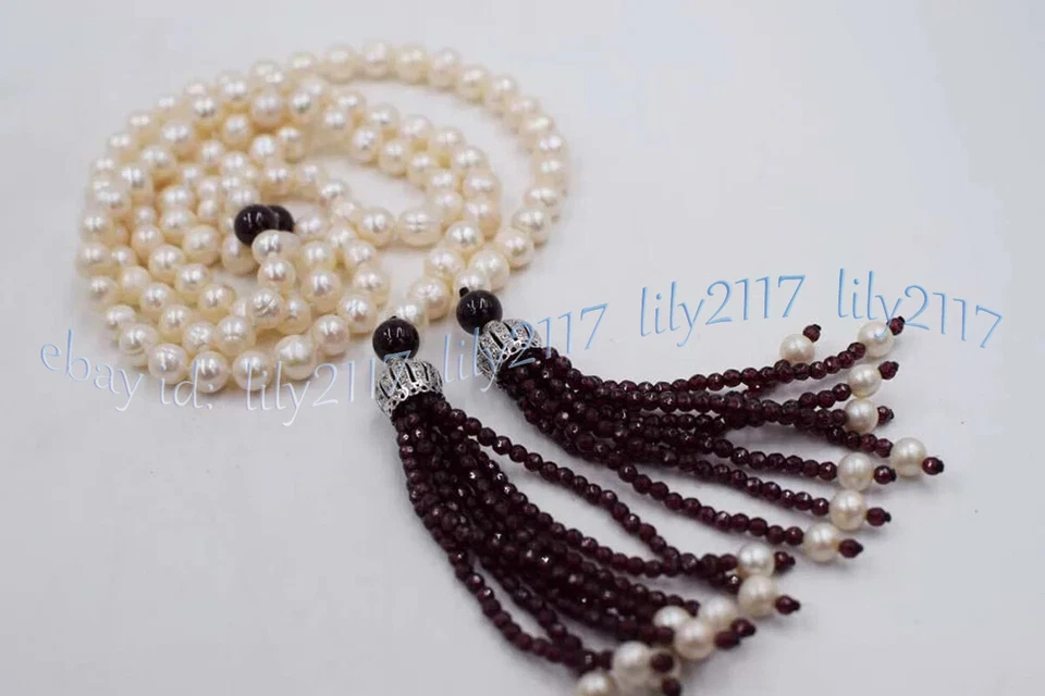 Natural 8-9mm White Freshwater Pearl 3mm Red Garnet Gems Pendant Necklace 55inch - Image 3 of 4