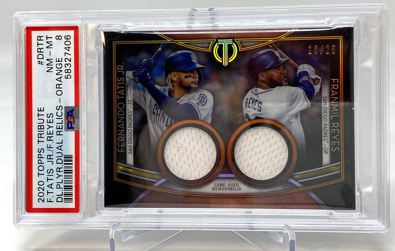2020 Topps Tribute Dual Relic ORANGE Serial #18/25  Fernando Tatis Jr. PSA 8