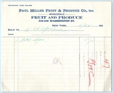 Ephemera BILLHEAD RECEIPT Paul Miller Fruit & Produce 11/22 192? New York