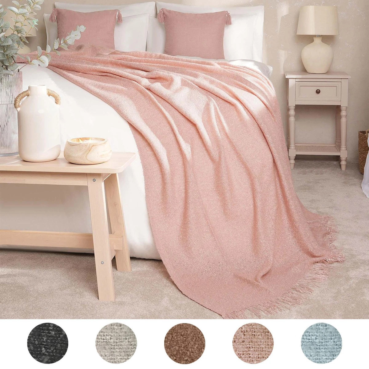 Highams Large Faux Mohair Throw Over Blanket Bed Luxury Bedspread Blush  Grey NEW | eBay