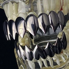 Gunmetal Black Shark Grillz Set 8 Top & Eight Bottom Fangs Teeth  Hip Hop Grills