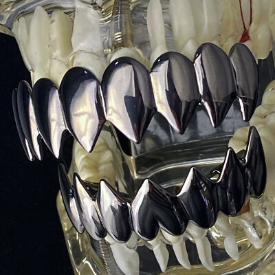 Gunmetal Black Shark Grillz Set 8 Top & Eight Bottom Fangs Teeth