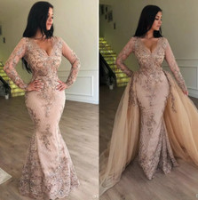 Sparkly Mermaid Lace Evening Dresses Long Sleeve V neck Lace Prom Dress