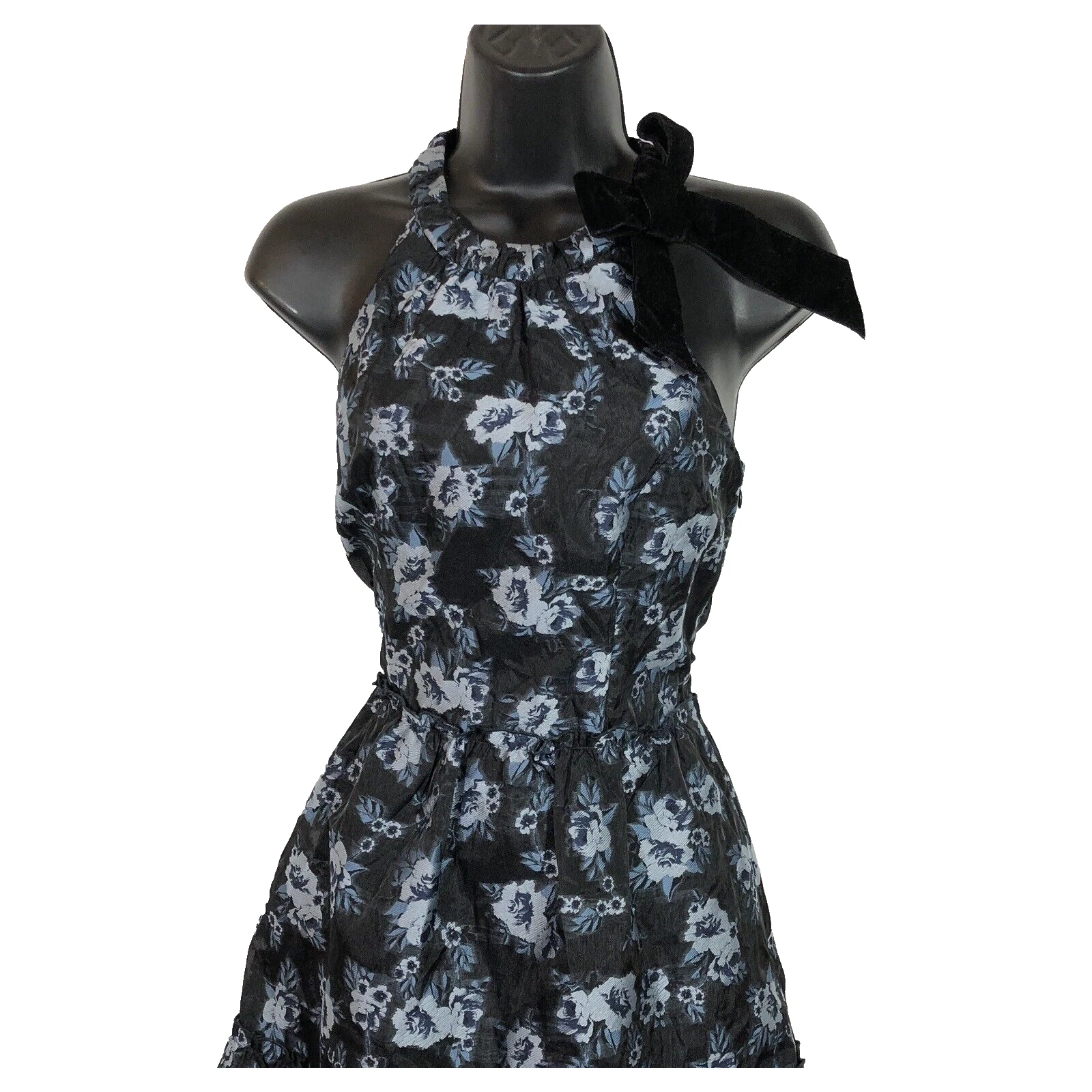 Abito a strati Kate Spade prateria rosa stampa cravatta velluto midi nero blu taglia 0 volant