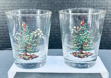 Spode Christmas Tree 12oz Lowball Glass wGold Rim England Set of 2