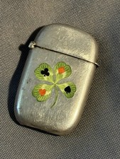 Antique Sterling Vesta Case w/ Inlay Lucky Clover Card Suit Black Starr & Frost