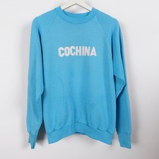 Vintage 80s Cochina Spanish Sweatshirt Size Large Teal Made in USA Felt Letters