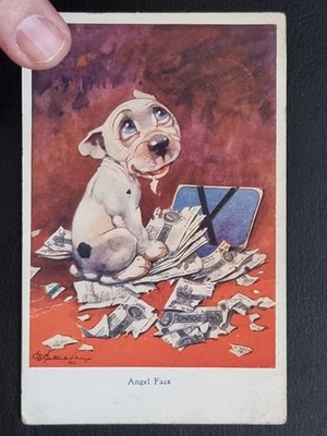 Bonzo Hund Comic Postkarte Studdy 1926 Engelsgesicht isst alte weiße Pfundscheine