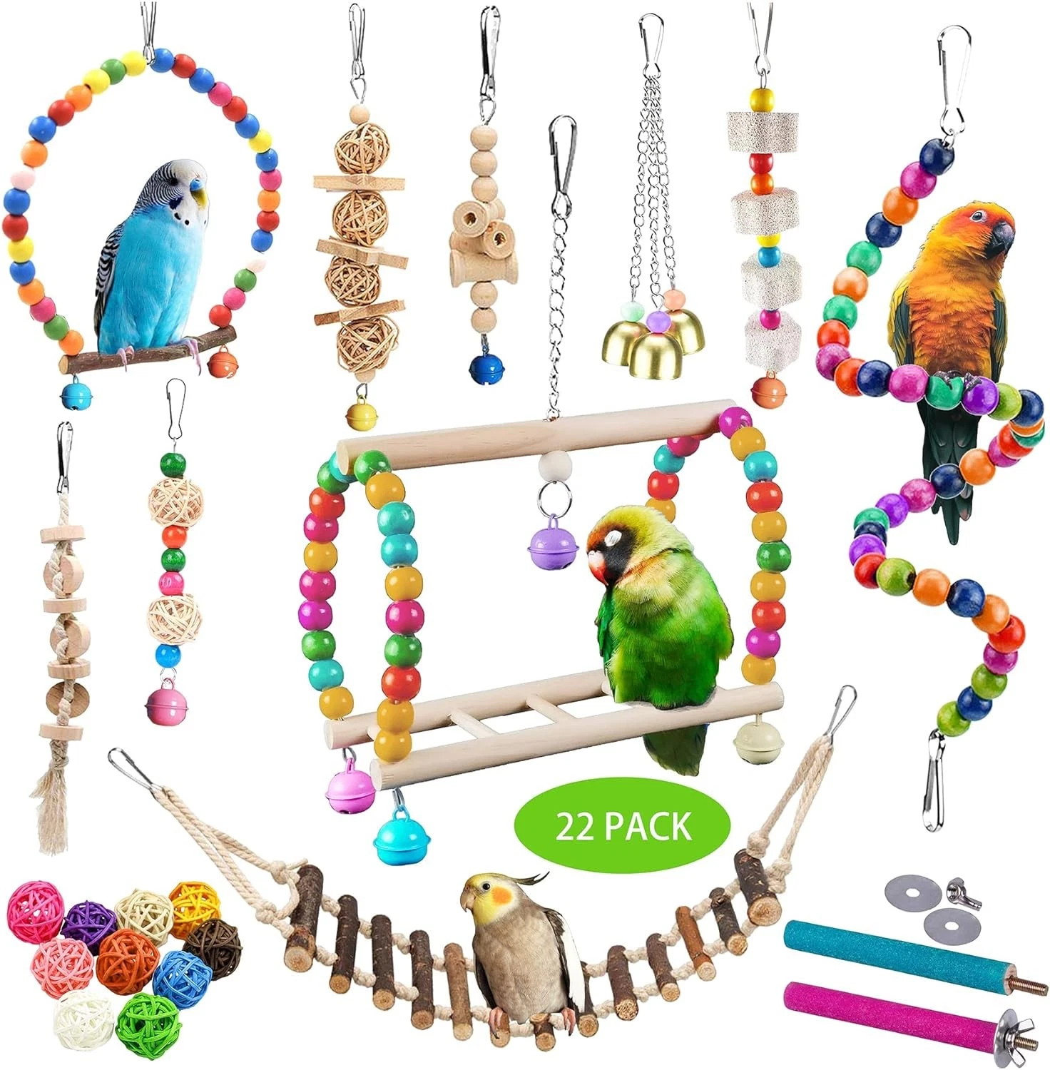 22 Pc Bird Toy Set Parakeet Cockatiel Parrot Cage Swing Chewing Hanging Ladder