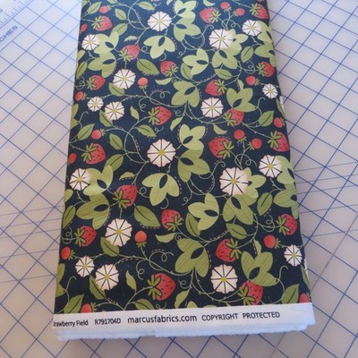 Yard ~ Strawberry Field On Navy Blue by Marcus $3.99 Ships ANY Amount Fabric