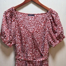 SHEIN Curve Dress Womens 1XL Red Animal Print Wrap Belted Puff Sleeve Knee