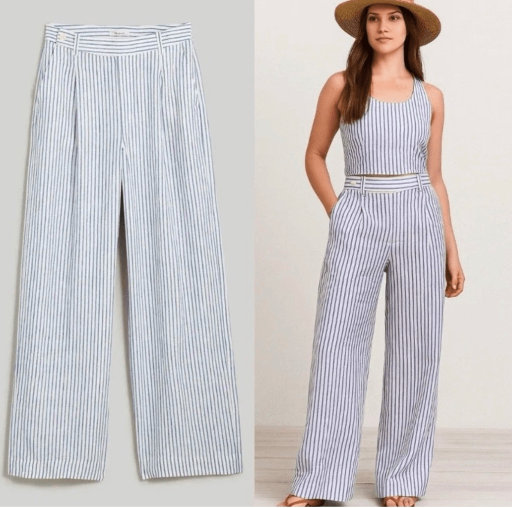 Madewell The Harlow Wide-Leg 100% linen Pants striped coastal resort Women’s siz