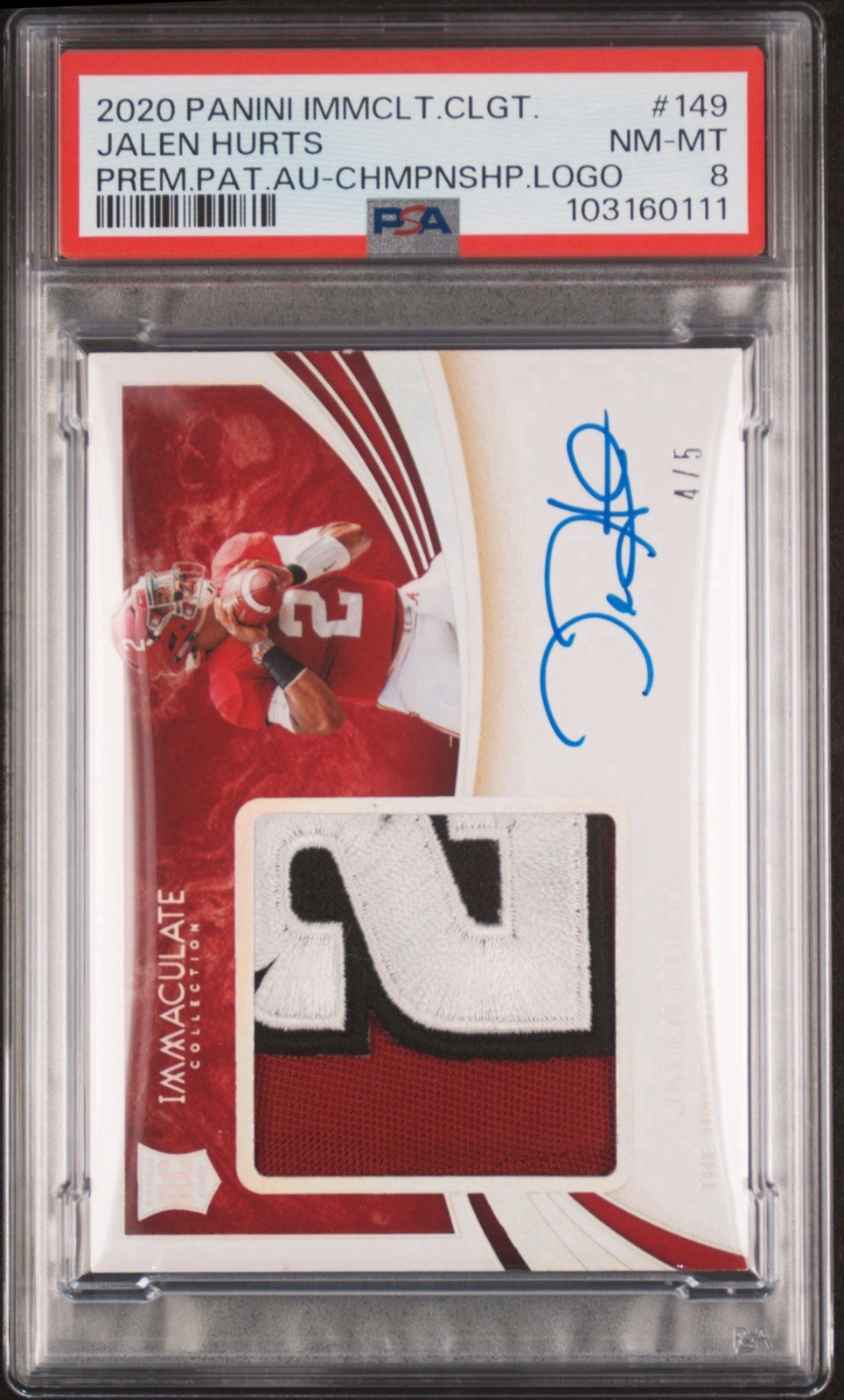 2020 Immaculate JALEN HURTS OnCard ROOKIE AUTO PlyrWornChampionshipPatch/5 POP 1 view 7
