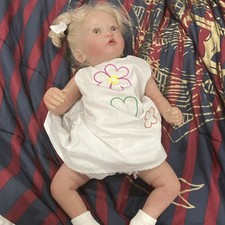 Vinyl Baby Girl Doll Blonde Curly Hair Blue Eyes White Dress, Removable