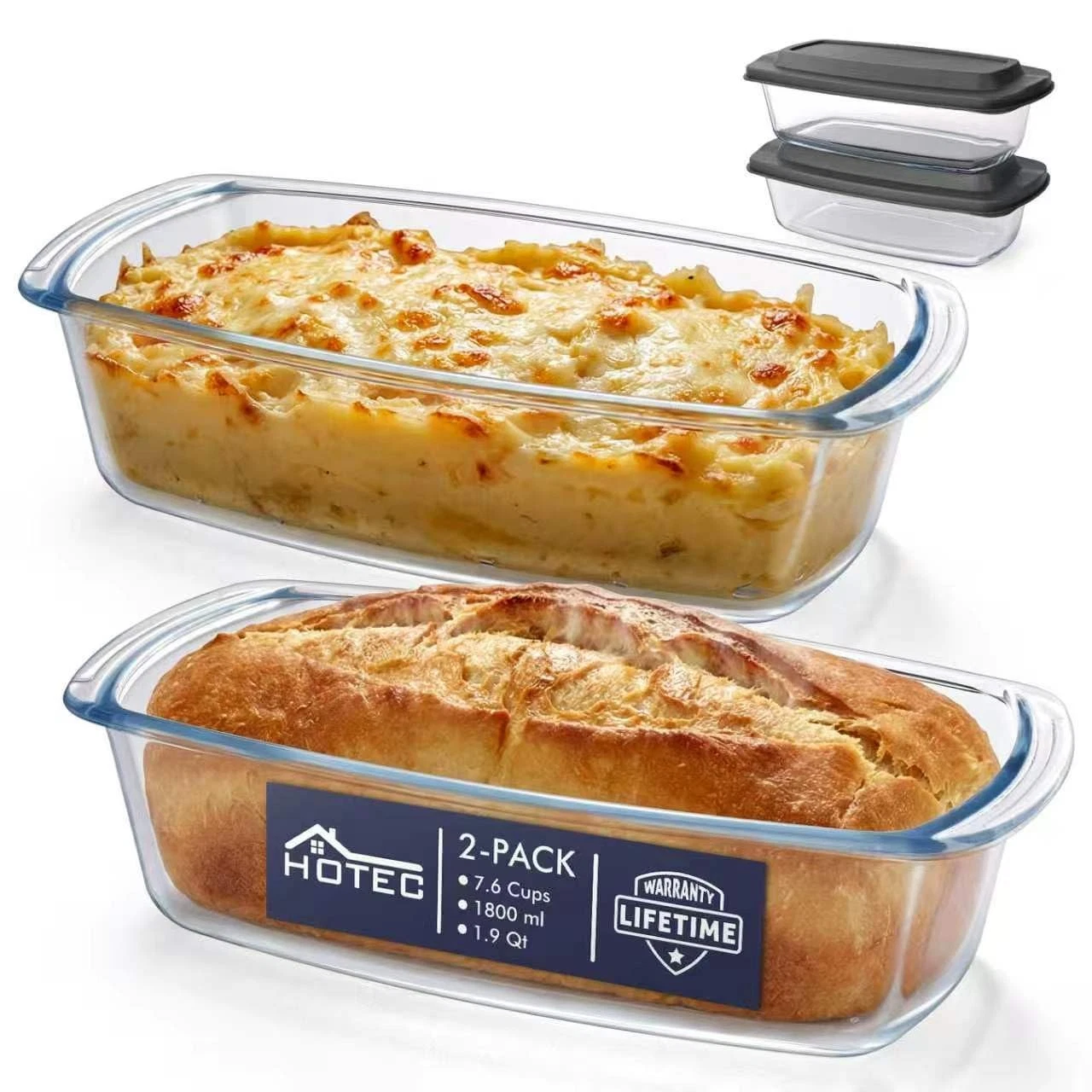 2-Pack LARGE 7.6 Cups/1800 ML/1.9 Qt Glass Loaf Pan, Microwave and Oven Safe ...