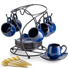 3oz Espresso Cups with Saucers Small Coffee Cups Set of 6 with Spoons and Met...