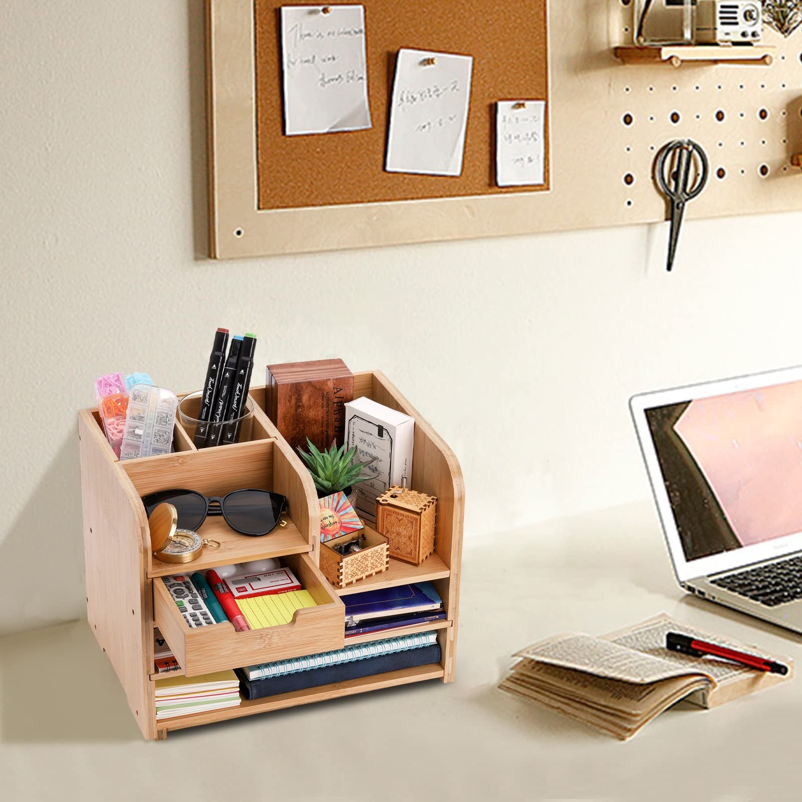 Frcctre Bamboo Desk Organizer with Drawer 3-Tier File Paper Pen Holder Statio...