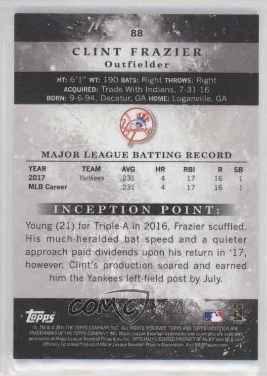 2018 Topps Inception Green Clint Frazier #88 Rookie RC - Image 2 of 2