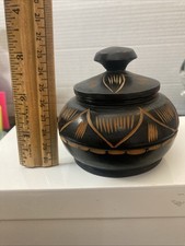 Vintage Hand Turned Hand Carved Round Dark Wood Trinket Bowl w/Lid