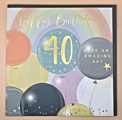 Premium Bauchnabelkarte 40. Geburtstag - Regenbogen Luftballons mit grauem Umschlag