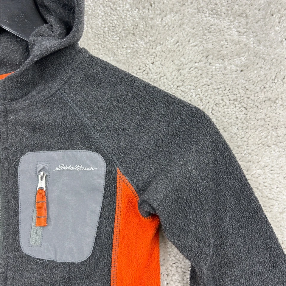 Eddie Bauer Fleece Jacket Kids Size 5 Gray Orange Full Zip Hooded - Image 3 of 4