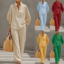 Women 2 Pcs Outfits Summer Shirts and Pants Sets Cotton Linen Casual Lounge Sets