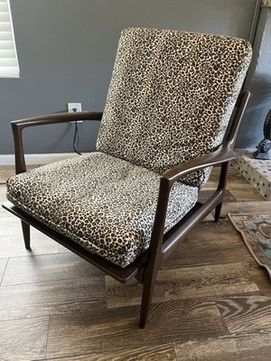 Mid-Century Modern Vintage Wood Chair w Leopard Print cushions. Made in Denmark.