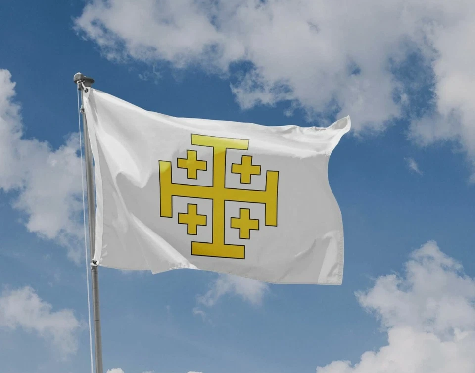 Bandera Cruz Jerusalén - Cruzado Cristiano Cruz Amarilla Bandera Blanca Exterior Indo Foto 2 de 3