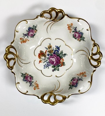 Vintage JLMenau Graf Von Henneberg Hand Enameled Porcelain Floral Bowl 22K Gold