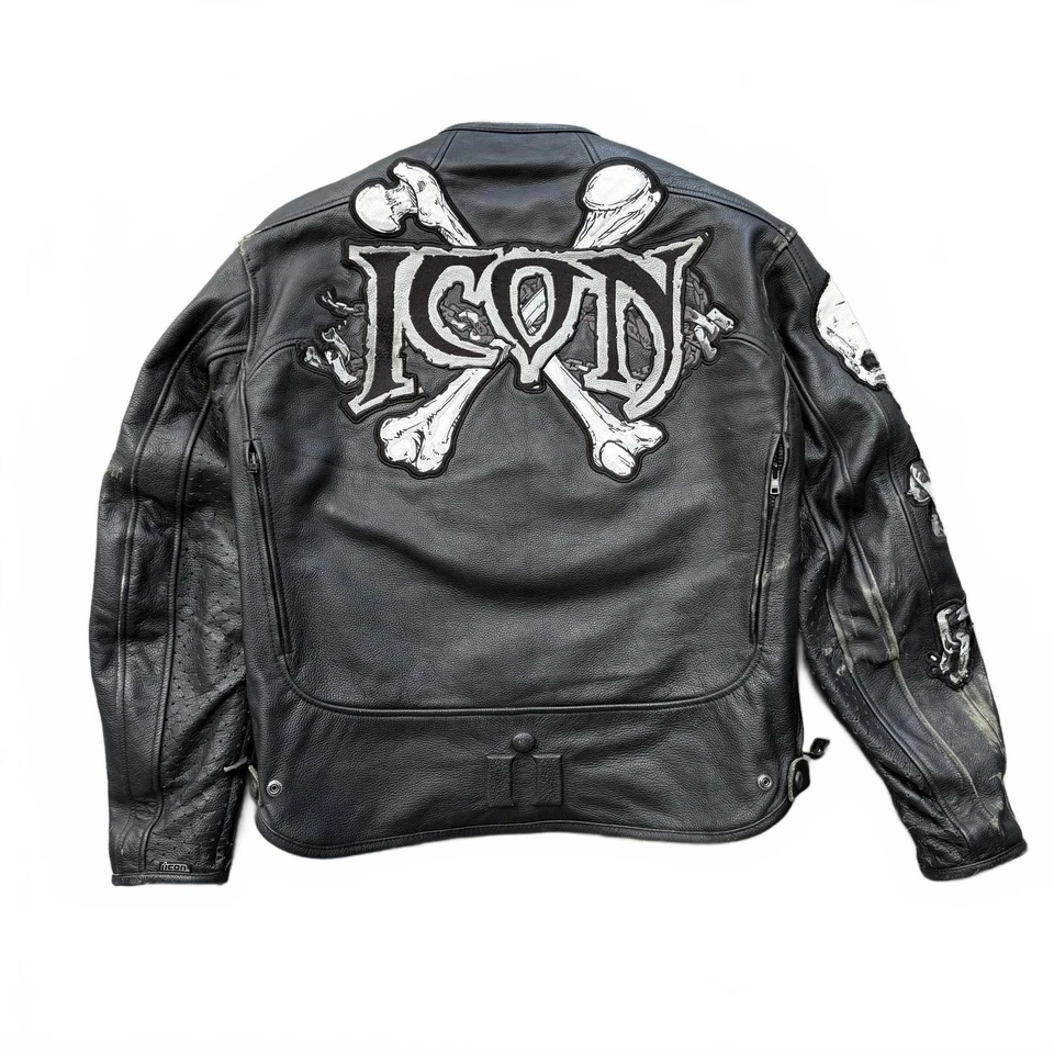Chaqueta de cuero Icon Skull motociclista ventilada/bolsillos L Foto 2 de 4