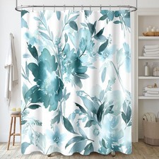 Teal Blue Floral Shower Curtain Turquoise Watercolor Flower Decor 72x72 Inch