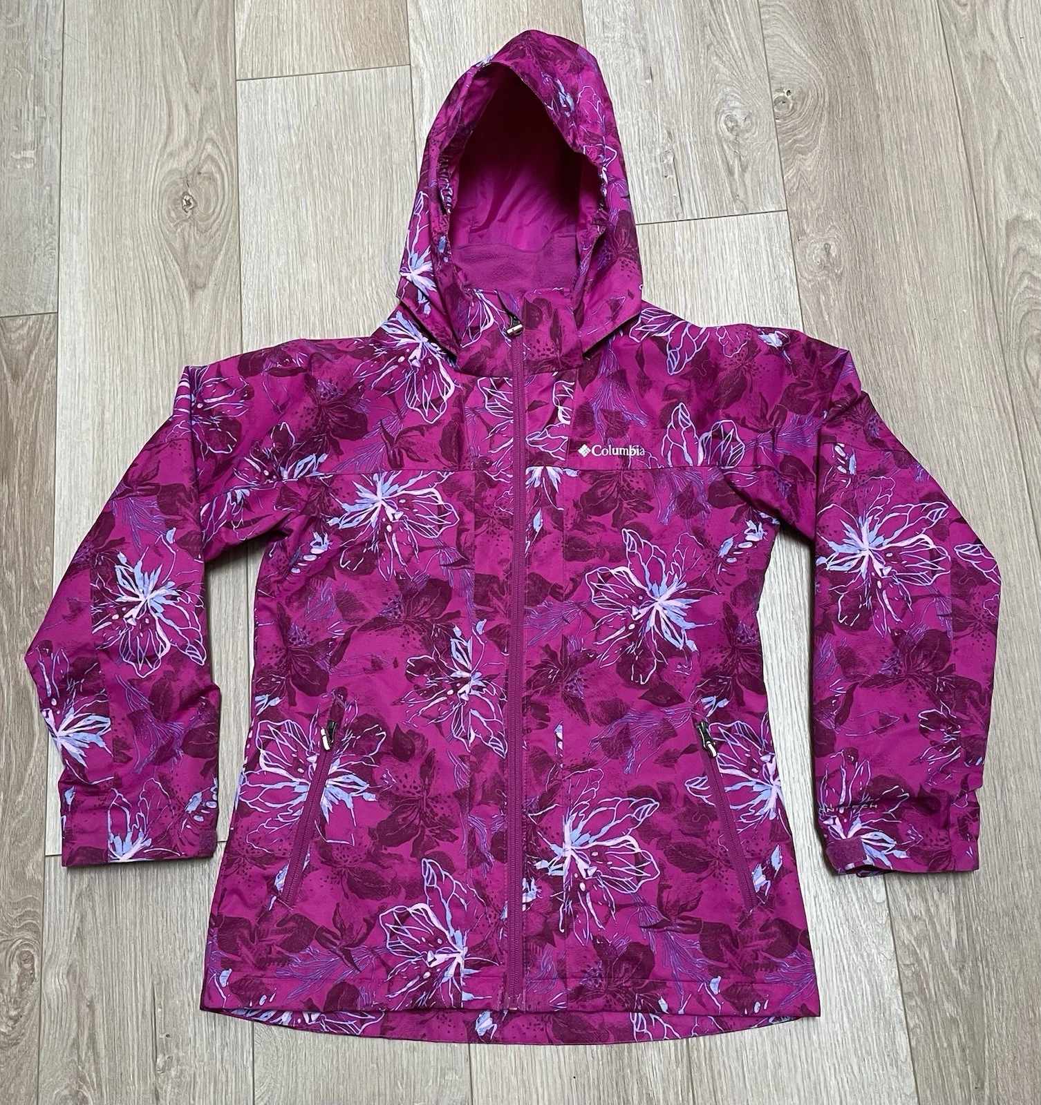 Columbia Interchange Girls Ski Hooded Jacket Hot Pink Floral Sz 14/16 Omni-Tech*