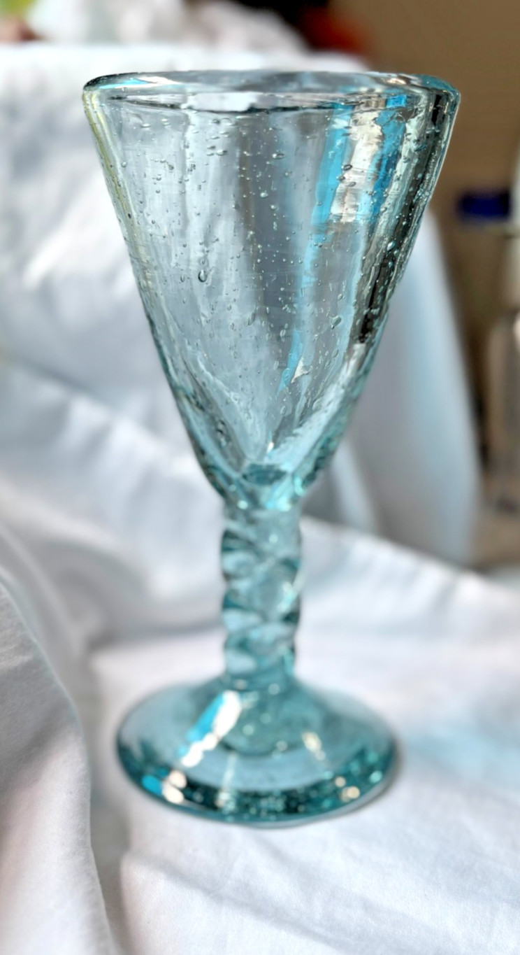 🫧 Blue Hand-Blown Bubble Glass Goblet – Artisan Stemware with Textured Elegance