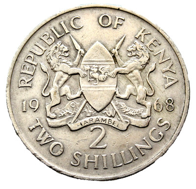 KENYA 1968 2 SHILLINGS, Coat of Arms & Mzee Jomo Kenyatta km# 6 diameter 32mm