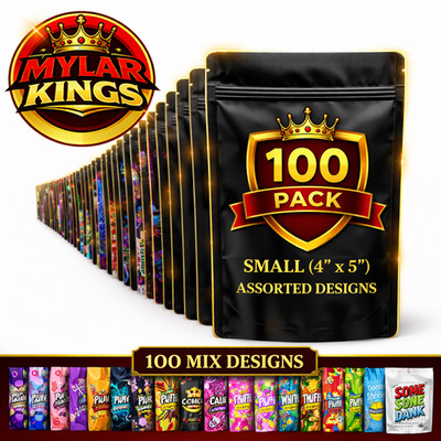 100 Pack 3.5g Smell Proof Foil Mylar Bags 4  x 5  Mix Designs Zip Bags
