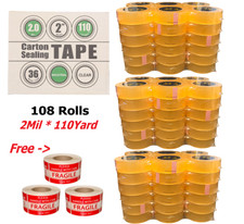 108-Rolls 2"x110Y 2-Mil Heavy Duty Clear Packing Tape w/FREE Fragile Sticker