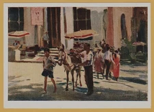 1957 Sunny “Island of Capri, Italy” A man & boy lead donkey Soviet Postcard Old