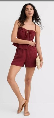 Loft SEALED! NWT! Beach Strappy Ruched Triple Cloth 2pc Set in Dusty Brick. Sz M