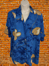 VINTAGE BLUE FLORAL BLOUSE SHIRT TOP LARGE WOMENS SHORT SLEEVE SHOULDER PADS