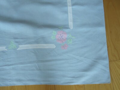 VINTAGE MADEIRA HAND APPLIQUE LIGHT BLUE LINEN TABLECLOTH 1950'S 60'S 35'' X 36''